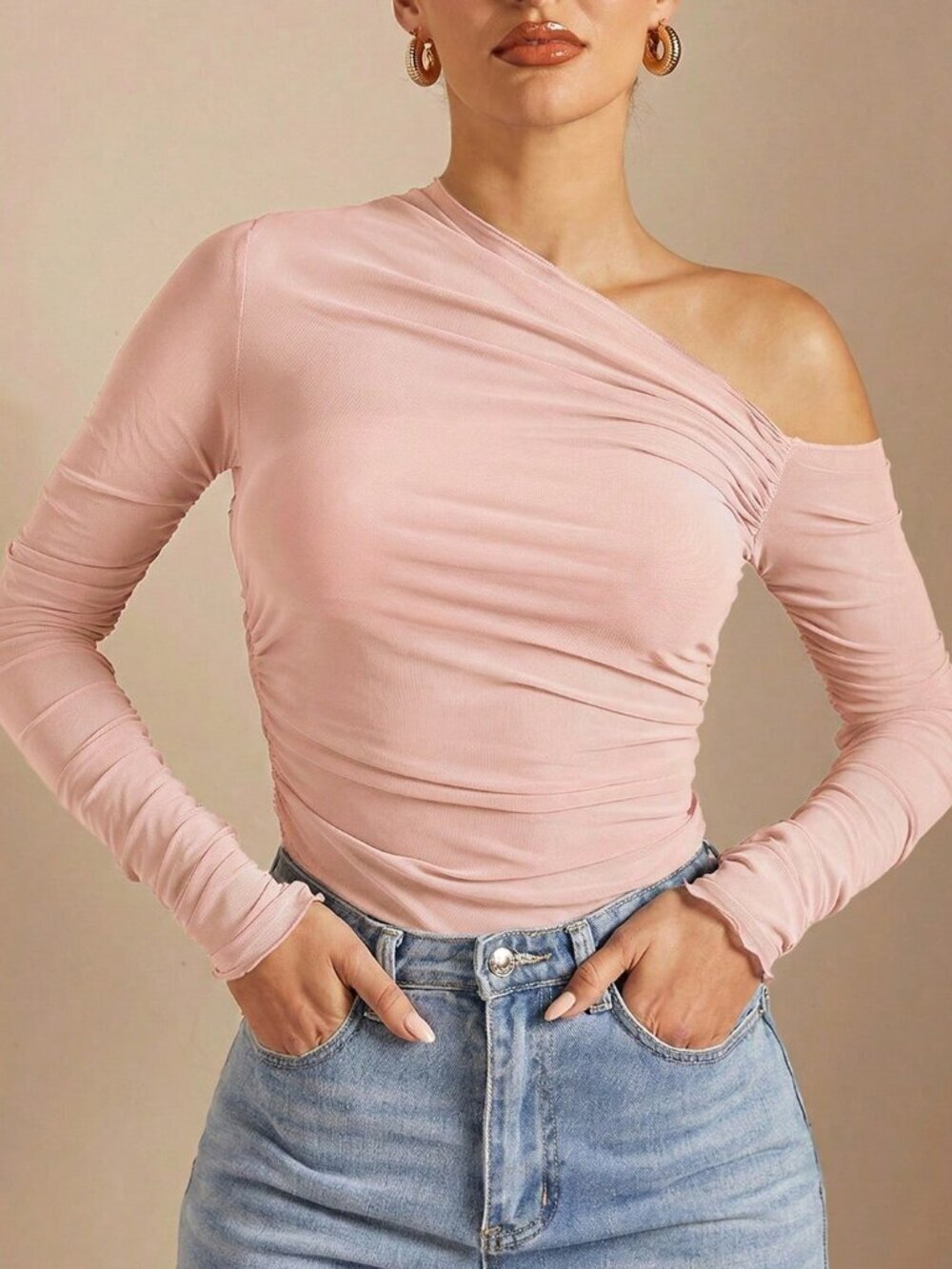 Pink Casual Women's One-Shoulder Asymmetric Ruched Bandeau Tight mesh shirt